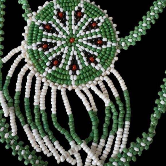 Vintage Native Tribal Seed Bead Necklace White Green Tassel Cool w Leather Back - Picture 2 of 7